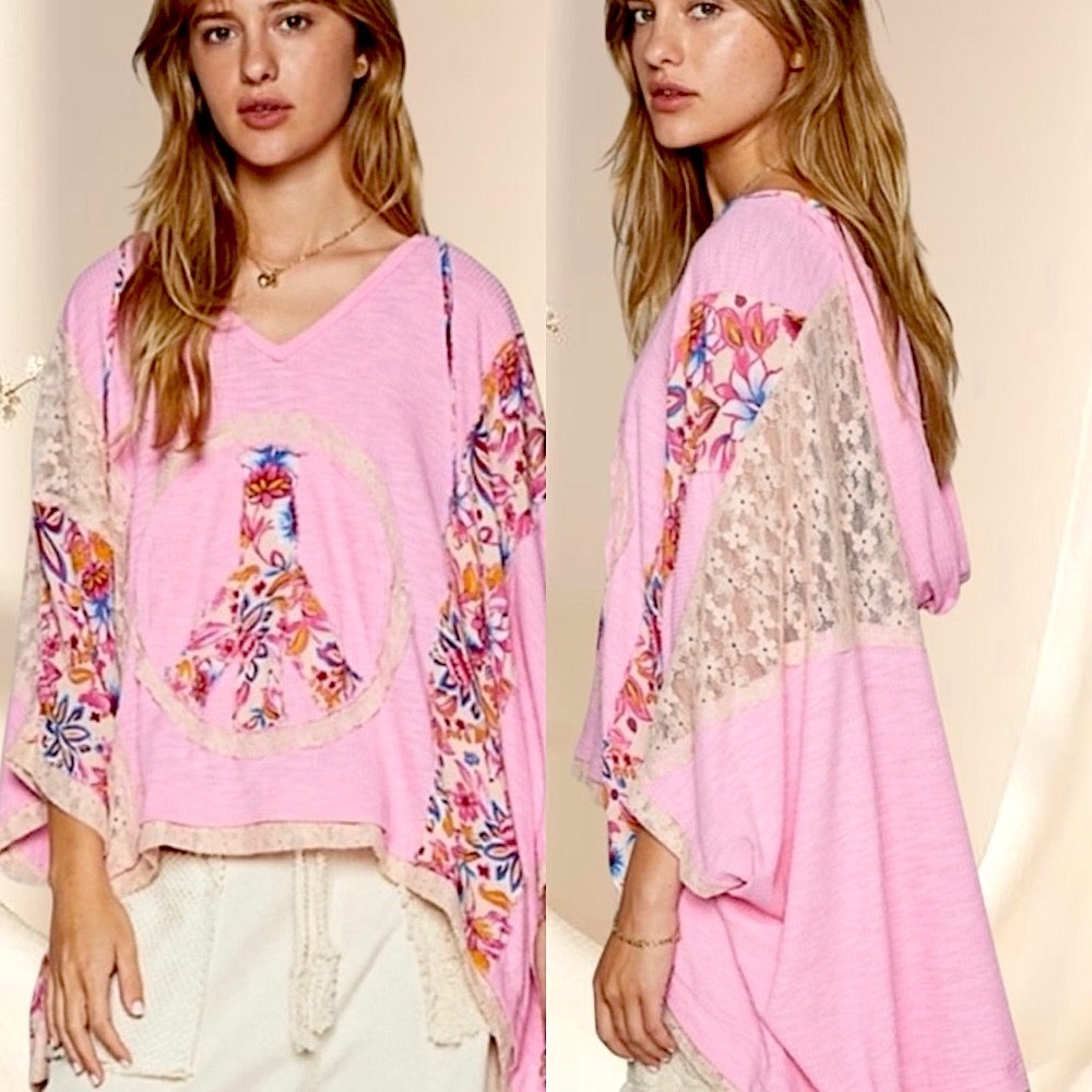 POL Blush Pink Peace Sign Hoodie | Oversized Lace Patchwork Bohemian Top - Picture 6 of 8